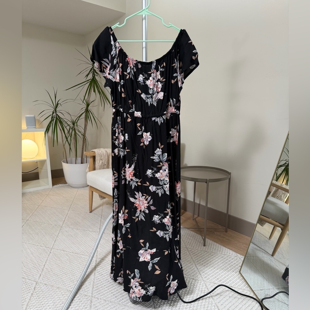Women’s | Black Floral Off Shoulder Midi Dress Button Front | Size Medium - Picture 4 of 9